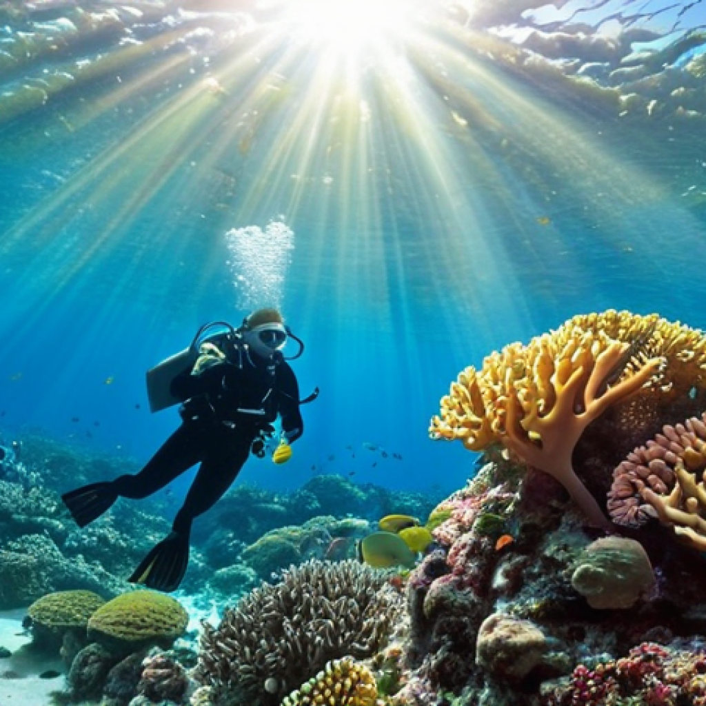 **

> Vibrant coral reef scene in Hainan, China. Colorful tropical fish swimming among healthy corals. Sunlight filtering through clear water. Scuba diver in the background, observing the biodiversity.

**