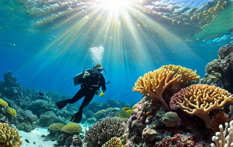 **

> Vibrant coral reef scene in Hainan, China. Colorful tropical fish swimming among healthy corals. Sunlight filtering through clear water. Scuba diver in the background, observing the biodiversity.

**
