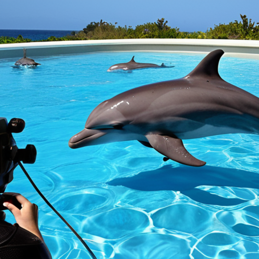 A researcher observing a pod of dolphins playing in crystal-clear water, with advanced scientific equipment visible in the background, hinting at ongoing behavioral studies. Focus on capturing the intelligence and social complexity of the dolphins.