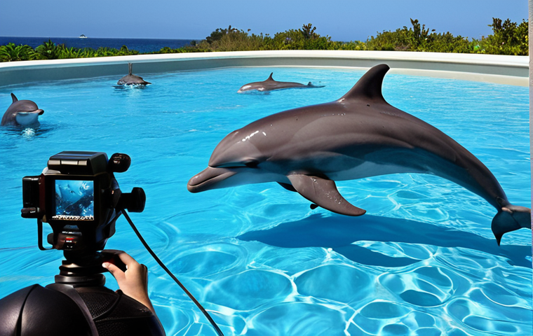A researcher observing a pod of dolphins playing in crystal-clear water, with advanced scientific equipment visible in the background, hinting at ongoing behavioral studies. Focus on capturing the intelligence and social complexity of the dolphins.