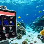 **Prompt:** Underwater sensor collecting data near a vibrant coral reef. Focus on the technological aspect of the sensor and the beauty of the coral. Style: Modern, scientific illustration.  Consider adding some Japanese Hiragana/Katakana text to the scene as background graffiti to reflect the culture in question.