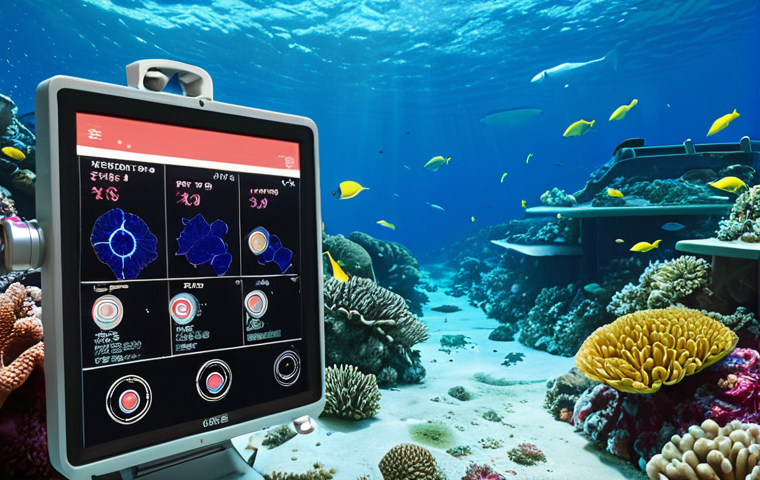 **Prompt:** Underwater sensor collecting data near a vibrant coral reef. Focus on the technological aspect of the sensor and the beauty of the coral. Style: Modern, scientific illustration.  Consider adding some Japanese Hiragana/Katakana text to the scene as background graffiti to reflect the culture in question.
