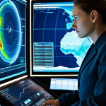 **Prompt 1: Marine Data Analyst in Control Center**
    A professional female marine data analyst, wearing a modest business suit, intently observing large, glowing holographic screens displaying real-time global oceanographic data in a futuristic marine data control center. The screens show intricate maps of ocean currents, temperature anomalies, and predictive climate models with vivid data visualizations. The atmosphere is calm and focused, highlighting technological advancement in ocean monitoring. perfect anatomy, correct proportions, natural pose, well-formed hands, proper finger count, natural body proportions, fully clothed, appropriate attire, professional dress, safe for work, appropriate content, professional photography, high quality, realistic rendering, volumetric lighting.