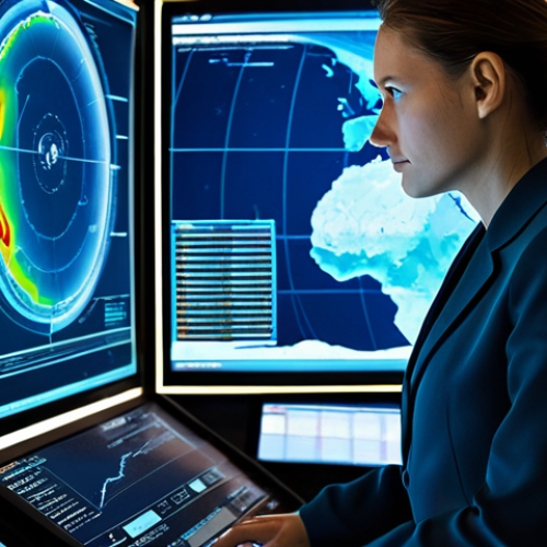 **Prompt 1: Marine Data Analyst in Control Center**
    A professional female marine data analyst, wearing a modest business suit, intently observing large, glowing holographic screens displaying real-time global oceanographic data in a futuristic marine data control center. The screens show intricate maps of ocean currents, temperature anomalies, and predictive climate models with vivid data visualizations. The atmosphere is calm and focused, highlighting technological advancement in ocean monitoring. perfect anatomy, correct proportions, natural pose, well-formed hands, proper finger count, natural body proportions, fully clothed, appropriate attire, professional dress, safe for work, appropriate content, professional photography, high quality, realistic rendering, volumetric lighting.