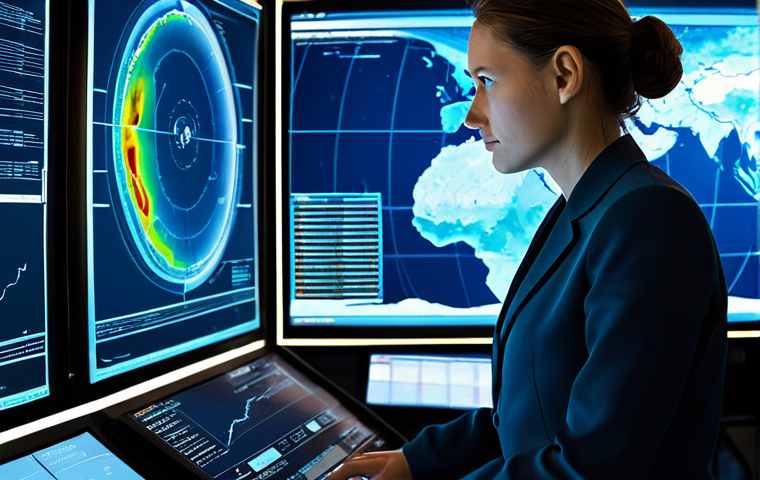 **Prompt 1: Marine Data Analyst in Control Center**
    A professional female marine data analyst, wearing a modest business suit, intently observing large, glowing holographic screens displaying real-time global oceanographic data in a futuristic marine data control center. The screens show intricate maps of ocean currents, temperature anomalies, and predictive climate models with vivid data visualizations. The atmosphere is calm and focused, highlighting technological advancement in ocean monitoring. perfect anatomy, correct proportions, natural pose, well-formed hands, proper finger count, natural body proportions, fully clothed, appropriate attire, professional dress, safe for work, appropriate content, professional photography, high quality, realistic rendering, volumetric lighting.