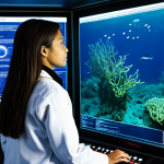 A professional female oceanographer, fully clothed in a modest lab coat over professional attire, stands in a sleek, modern marine research laboratory. She is focused, interacting with a large holographic display that shows complex oceanographic data visualizations, including dynamic sea temperature maps and ocean currents. In the background, a smaller screen displays a live feed from an autonomous underwater vehicle (AUV) exploring a deep-sea hydrothermal vent. The lab features subtle, high-tech marine equipment. professional photography, ultra-detailed, cinematic lighting, vibrant colors, clean composition, high resolution, safe for work, appropriate content, fully clothed, professional, perfect anatomy, correct proportions, natural pose, well-formed hands, proper finger count, natural body proportions.