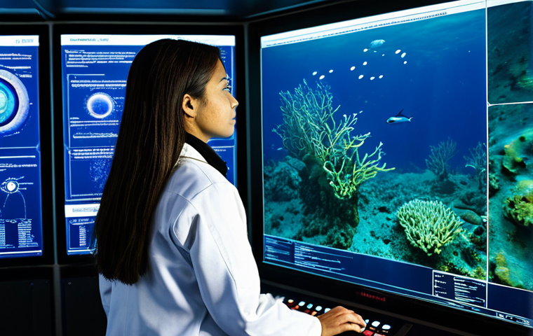 A professional female oceanographer, fully clothed in a modest lab coat over professional attire, stands in a sleek, modern marine research laboratory. She is focused, interacting with a large holographic display that shows complex oceanographic data visualizations, including dynamic sea temperature maps and ocean currents. In the background, a smaller screen displays a live feed from an autonomous underwater vehicle (AUV) exploring a deep-sea hydrothermal vent. The lab features subtle, high-tech marine equipment. professional photography, ultra-detailed, cinematic lighting, vibrant colors, clean composition, high resolution, safe for work, appropriate content, fully clothed, professional, perfect anatomy, correct proportions, natural pose, well-formed hands, proper finger count, natural body proportions.