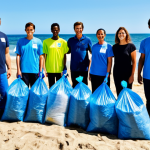 "A diverse group of people participating in a beach cleanup, collecting plastic waste, fully clothed, appropriate attire, safe for work, perfect anatomy, natural proportions, environmental activism, sunny day, clear blue ocean backdrop, family-friendly, professional photography, high quality"