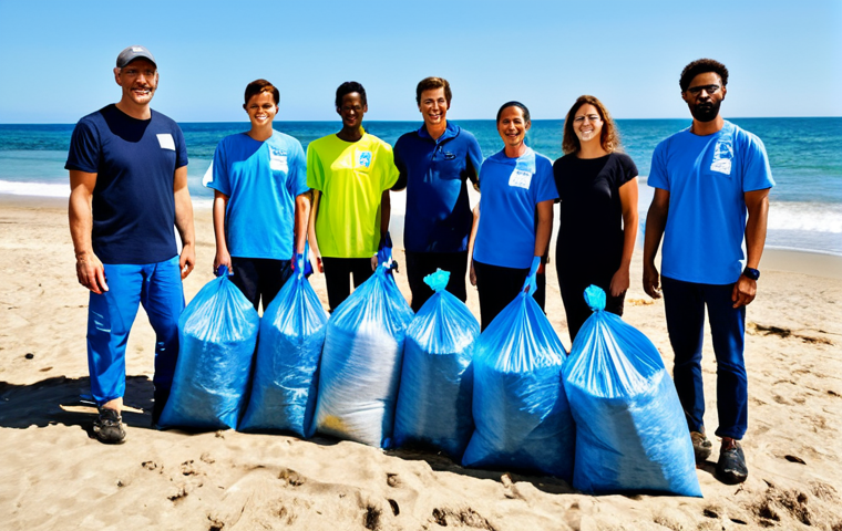 "A diverse group of people participating in a beach cleanup, collecting plastic waste, fully clothed, appropriate attire, safe for work, perfect anatomy, natural proportions, environmental activism, sunny day, clear blue ocean backdrop, family-friendly, professional photography, high quality"