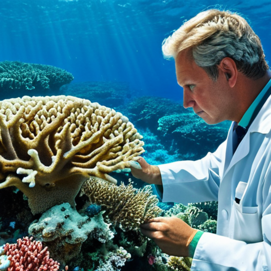 **

A scientist, fully clothed in a professional lab coat, examining coral bleaching on a vibrant coral reef. The scene should depict both healthy and damaged coral, illustrating the impact of climate change. Background includes a research vessel and clear blue ocean. Safe for work, appropriate content, perfect anatomy, natural proportions, high quality, fully clothed, professional. Focus on the contrast between healthy and bleached coral.

**