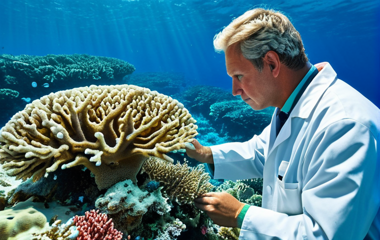 **

A scientist, fully clothed in a professional lab coat, examining coral bleaching on a vibrant coral reef. The scene should depict both healthy and damaged coral, illustrating the impact of climate change. Background includes a research vessel and clear blue ocean. Safe for work, appropriate content, perfect anatomy, natural proportions, high quality, fully clothed, professional. Focus on the contrast between healthy and bleached coral.

**