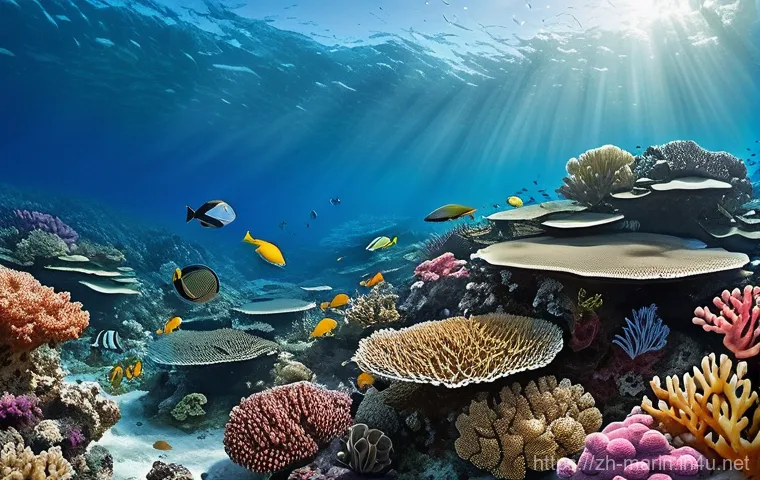 해양학 기후 변화 관측 - **Prompt 1: The Fading Symphony of Coral**
    An underwater scene depicting a once vibrant coral re...