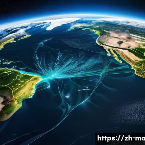 해양 정보 네트워크 - A breathtaking panoramic view of Earth from space, focusing on the vibrant blue oceans. Intricate, l...