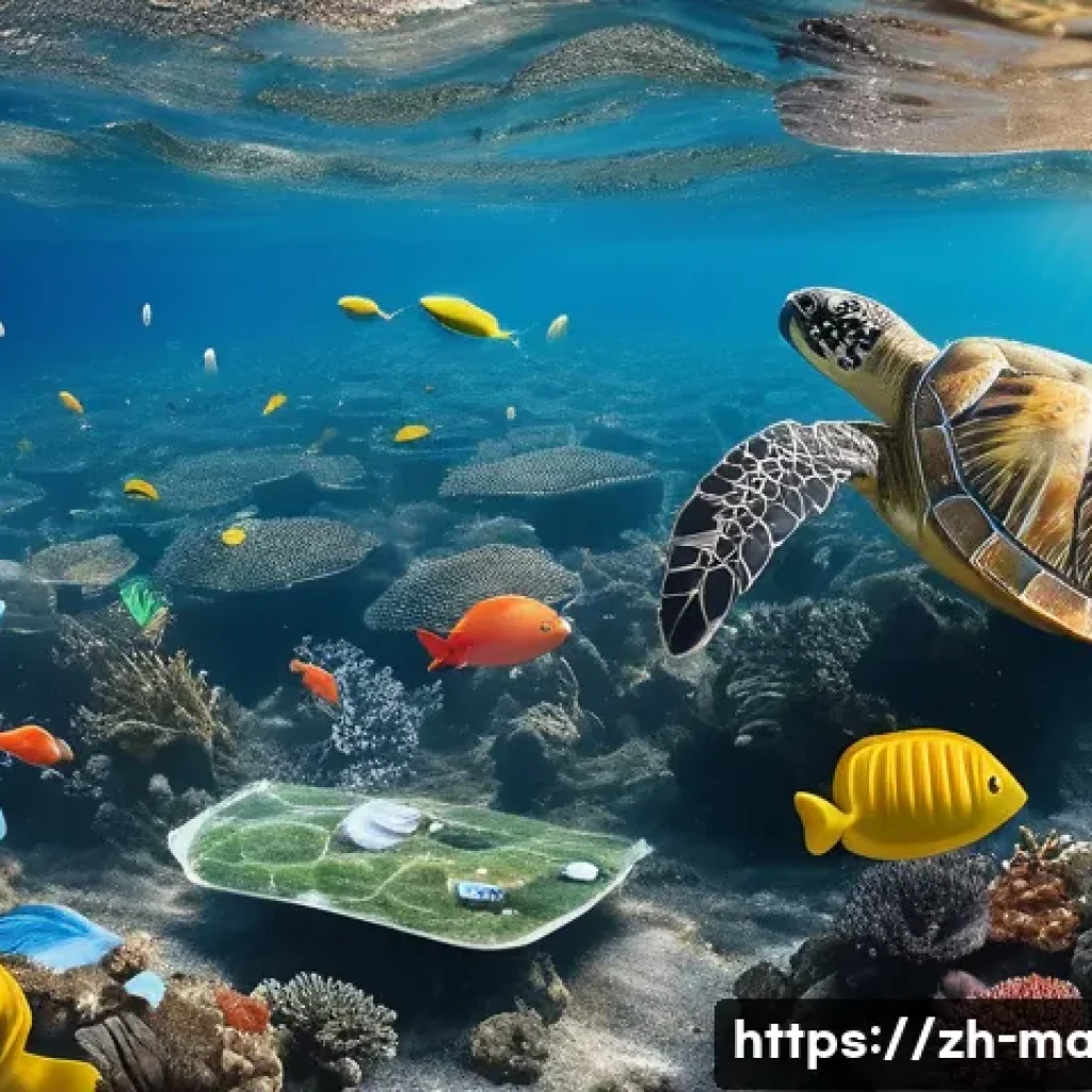 해양 오염 관리 - A detailed underwater scene showing diverse marine life such as colorful fish, turtles, and coral re...