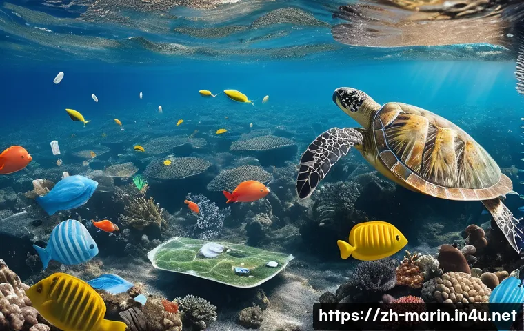 해양 오염 관리 - A detailed underwater scene showing diverse marine life such as colorful fish, turtles, and coral re...