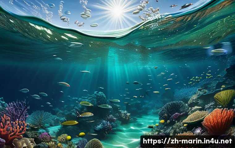 해양 영양염과 미량 원소 - A detailed underwater scene depicting coastal and open ocean zones with varying nutrient concentrati...