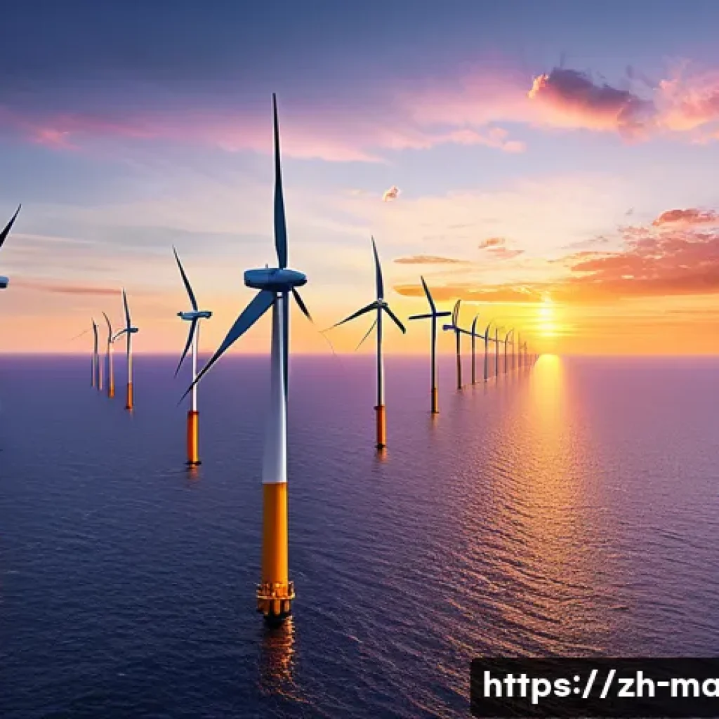 해양 풍력 발전 - A vast offshore wind farm at sunset, featuring dozens of giant modern wind turbines with blades over...