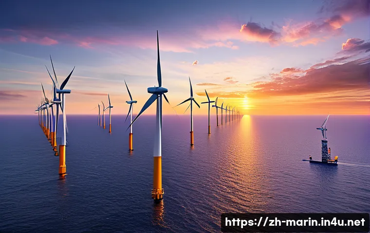 해양 풍력 발전 - A vast offshore wind farm at sunset, featuring dozens of giant modern wind turbines with blades over...