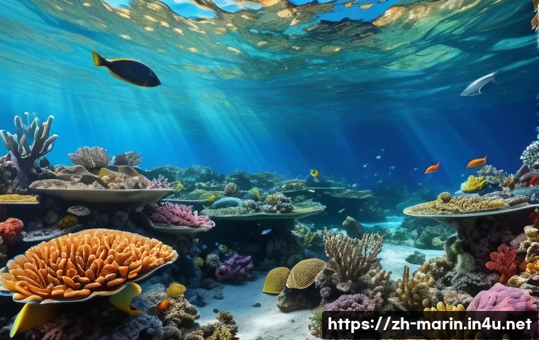 해양 보호를 위한 정책 - A vibrant underwater scene showcasing a scientifically designed artificial coral reef teeming with d...