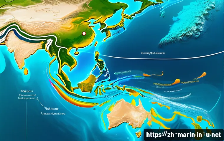 해양학 교재 추천 - A detailed scientific illustration of ocean currents and tidal flows showing dynamic water movement,...