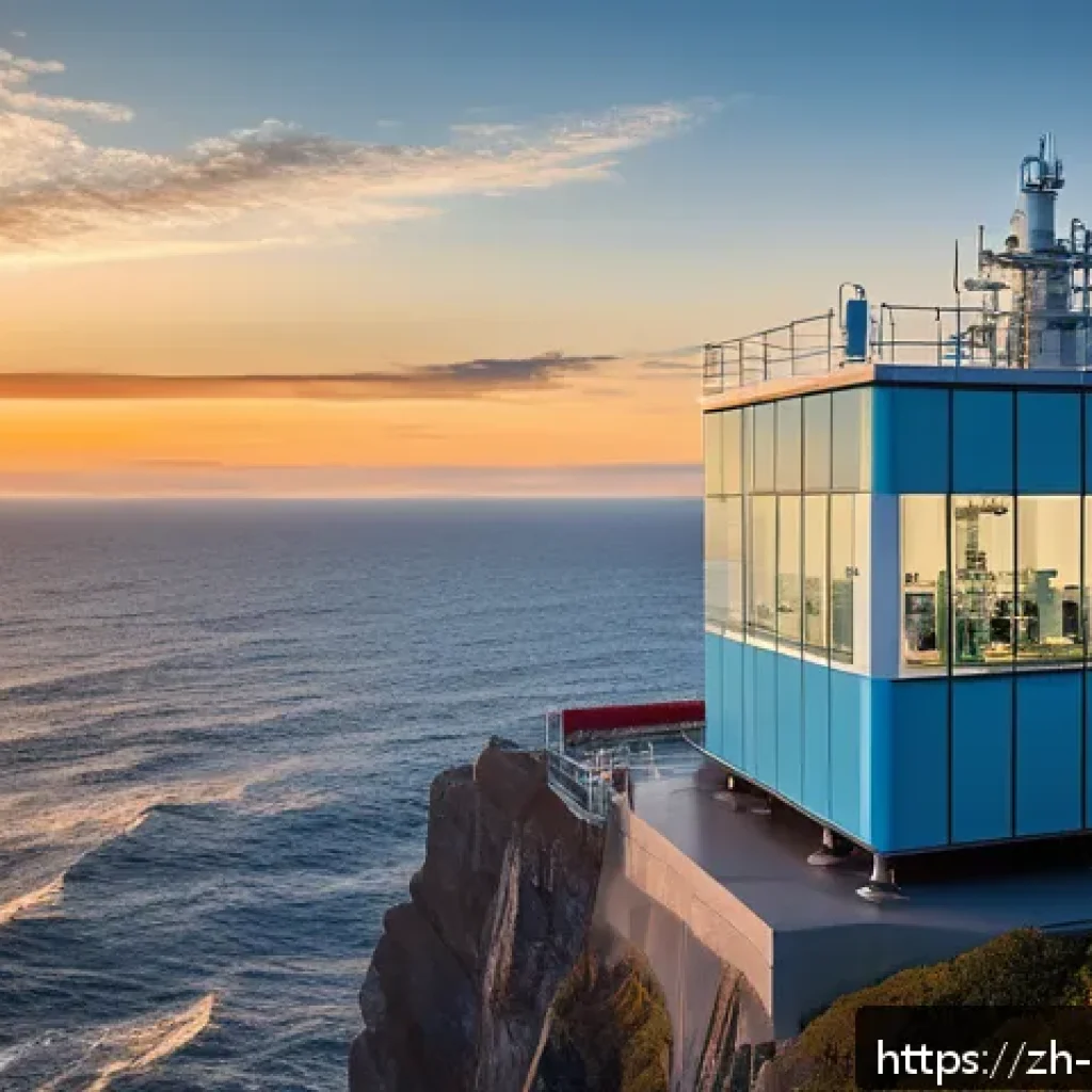 해양학 논문 작성법 - A modern marine research laboratory on a coastal cliff during sunset, with scientists in professiona...