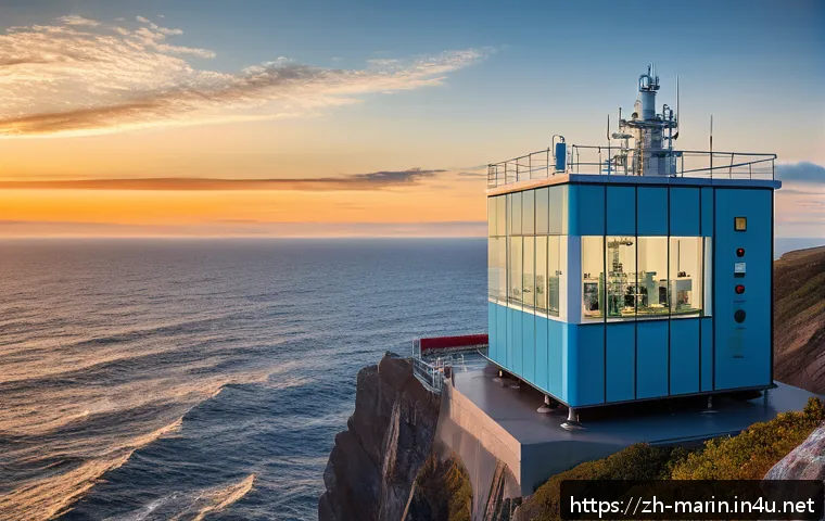 해양학 논문 작성법 - A modern marine research laboratory on a coastal cliff during sunset, with scientists in professiona...