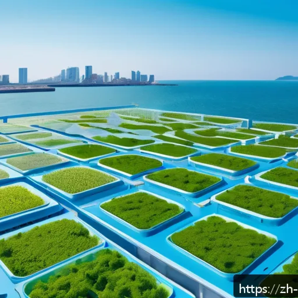 해양 미세조류 - A highly detailed futuristic microalgae cultivation farm located on a coastal urban rooftop, showcas...