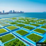 해양 미세조류 - A highly detailed futuristic microalgae cultivation farm located on a coastal urban rooftop, showcas...