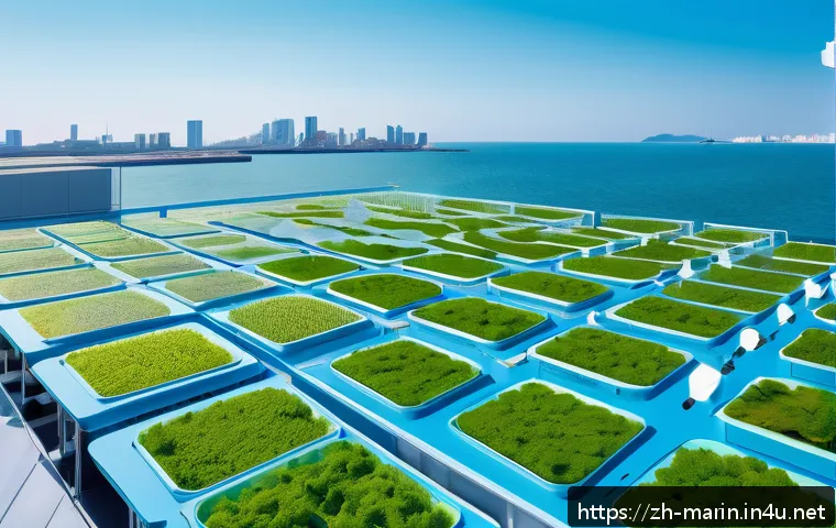 해양 미세조류 - A highly detailed futuristic microalgae cultivation farm located on a coastal urban rooftop, showcas...
