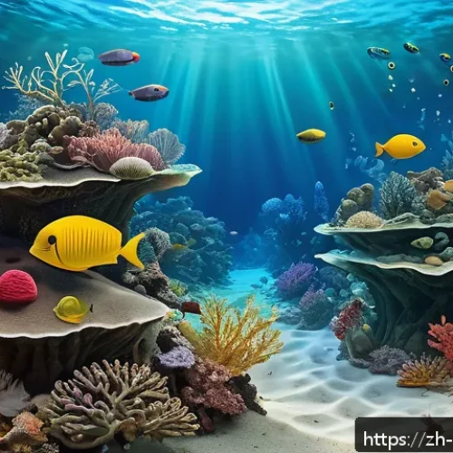 해양 생태계 복원 - A vibrant underwater scene showcasing a diverse marine microbial community, including colorful bacte...