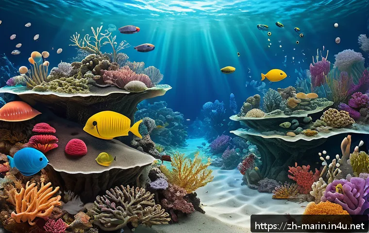 해양 생태계 복원 - A vibrant underwater scene showcasing a diverse marine microbial community, including colorful bacte...