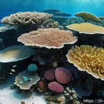 해양학 학술 대회 발표 - A vibrant underwater scene depicting a coral reef undergoing bleaching due to rising ocean temperatu...
