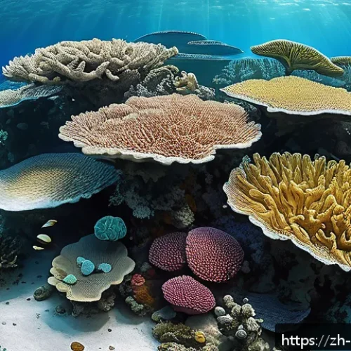 해양학 학술 대회 발표 - A vibrant underwater scene depicting a coral reef undergoing bleaching due to rising ocean temperatu...