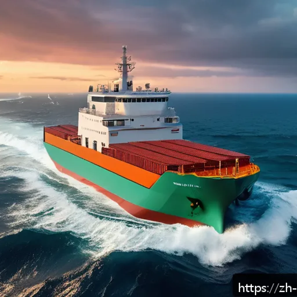 해양 항로 및 물류 - A futuristic autonomous cargo ship navigating through rough ocean waves under a dramatic sunset sky,...