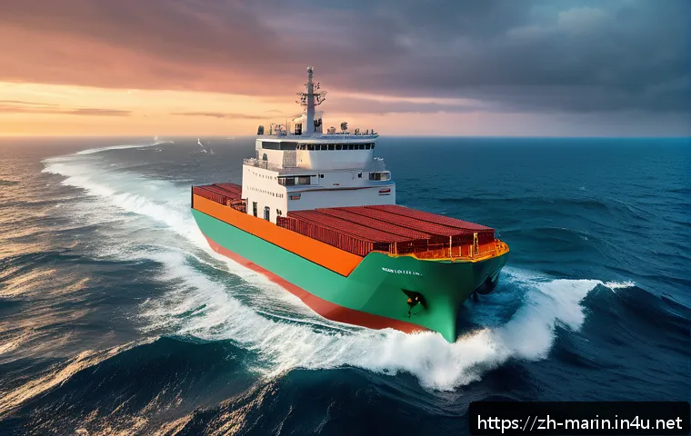 해양 항로 및 물류 - A futuristic autonomous cargo ship navigating through rough ocean waves under a dramatic sunset sky,...