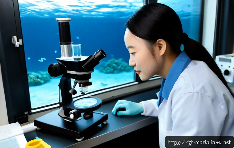 해양학 이론과 실습 - Photorealistic oceanography laboratory scene, a focused marine scientist in practical safety attire ...