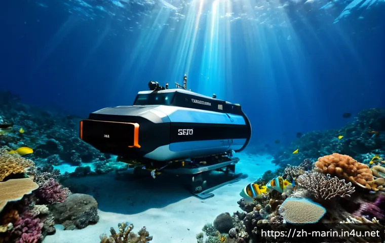 해양 탐사 기술 - Photorealistic deep-sea exploration scene, a sleek autonomous underwater vehicle scanning a colorful...