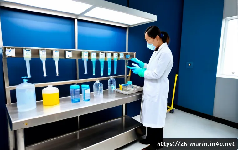 해양학 실험실 안전 - Photorealistic marine science laboratory safety scene, a researcher wearing protective goggles, nitr...